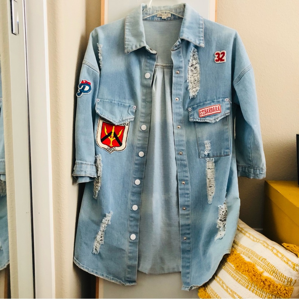 UNIQUE VINTAGE DECORATED DENIM SHACKET SIZE S/M